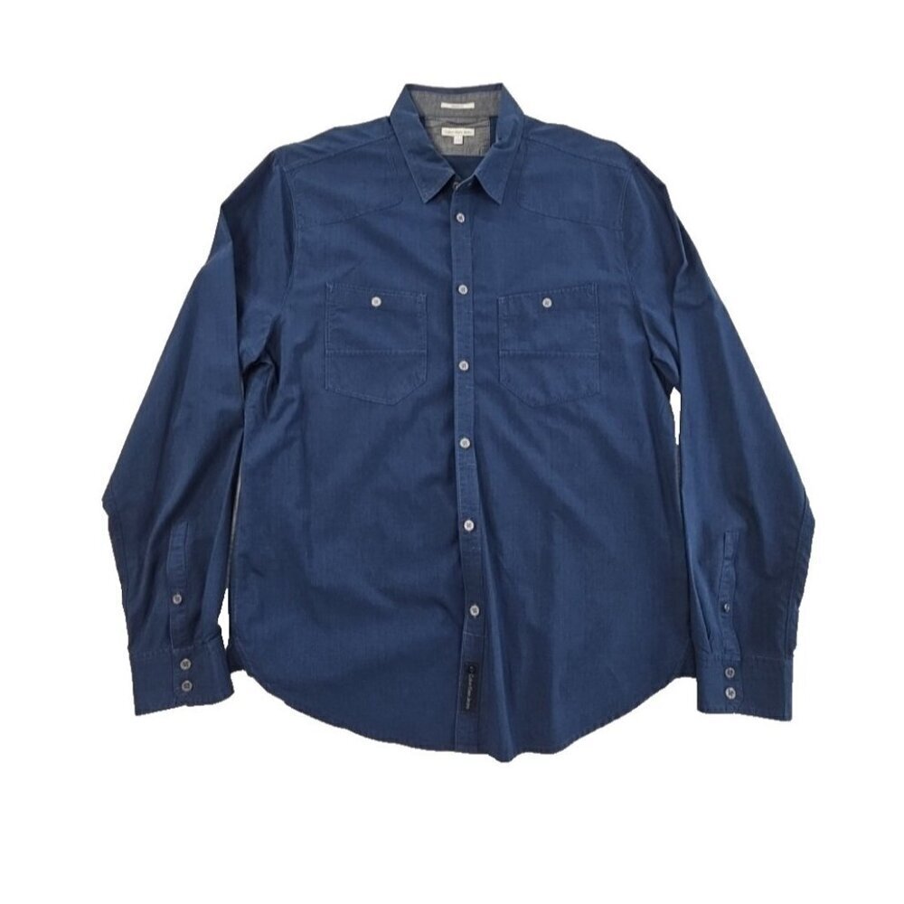 Calvin Klein Jeans Shirt Men's‎ L Navy Blue Plaid Button Down Pockets EUC Luxe